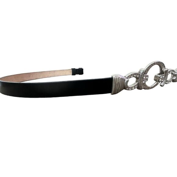 Chico’s Black Leather with Silvertone Rhinestone Adjustable Belt Size M/L - Picture 3 of 11